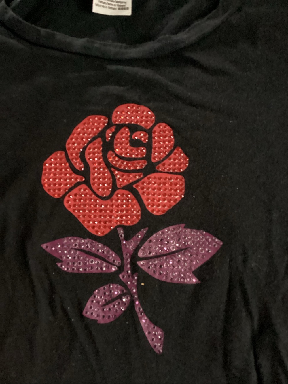 PINK Victoria's Secret Black Tee with Red Rhinestone Rose and Purple Leaves
